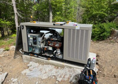 A generator on a concrete slab in the woods.